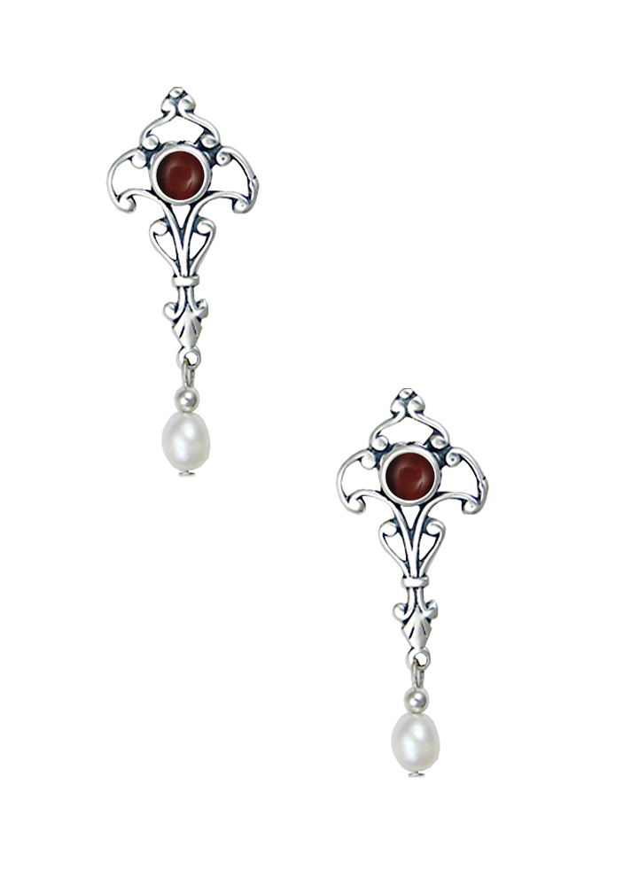 Sterling Silver Romantic Victorian Drop Dangle Earrings With Red Tiger Eye
